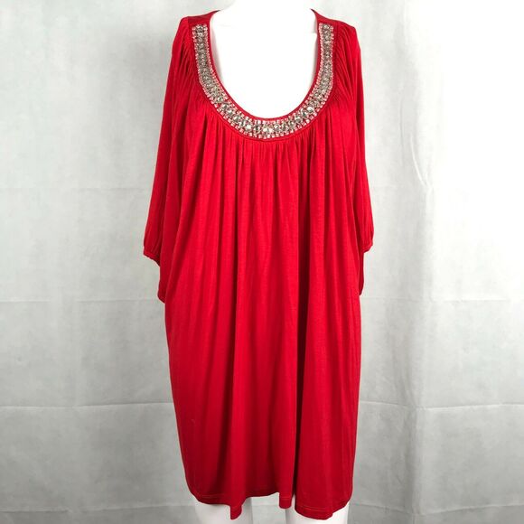 Avenue Shirt Womens Sz 22 24 Red Stretch Knit Beaded Rhinestone Neckline Tunic - Picture 2 of 11